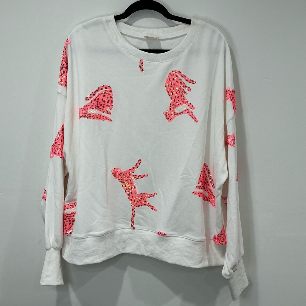 NWOT Peach Love White Long Sleeve Pink Sequin Cheetahs - Picture 2 of 7